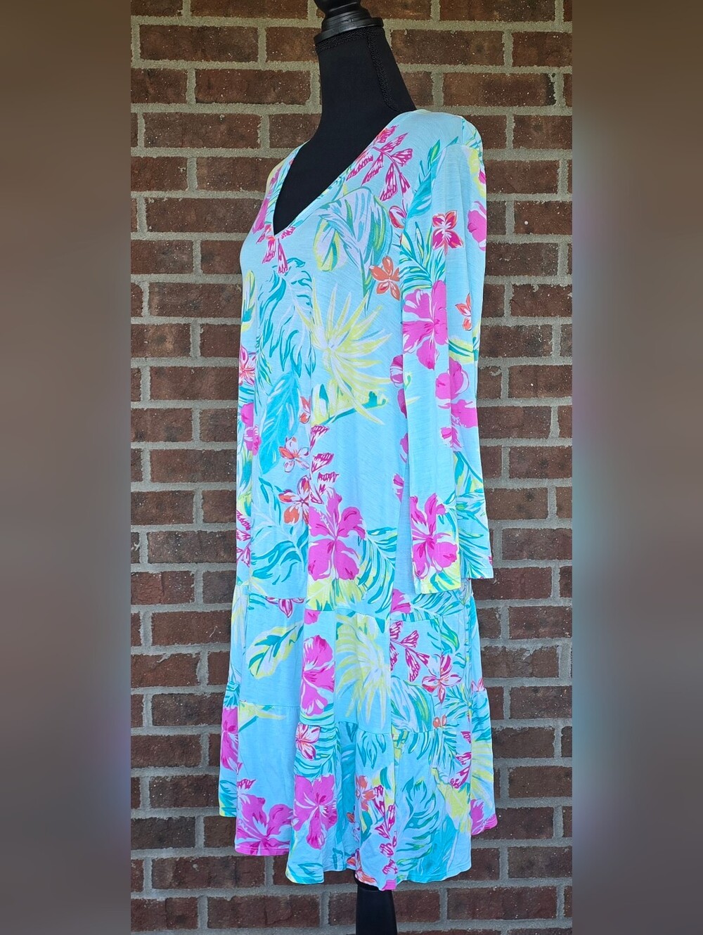 Ellen Tracy Teal, Pink & Yellow Tropical Print Dress - Picture 2 of 5